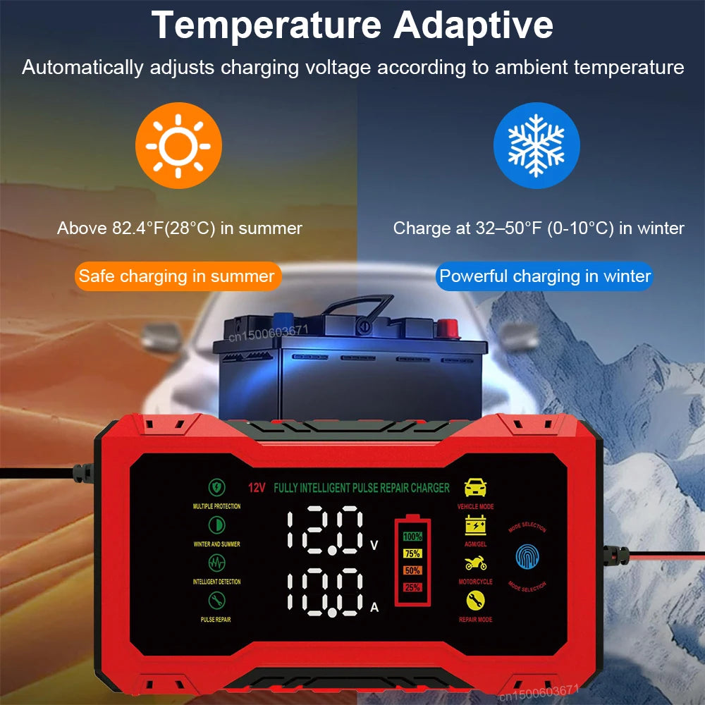 Cargador de batería inteligente 12V 10A con pantalla LCD para autos y motos