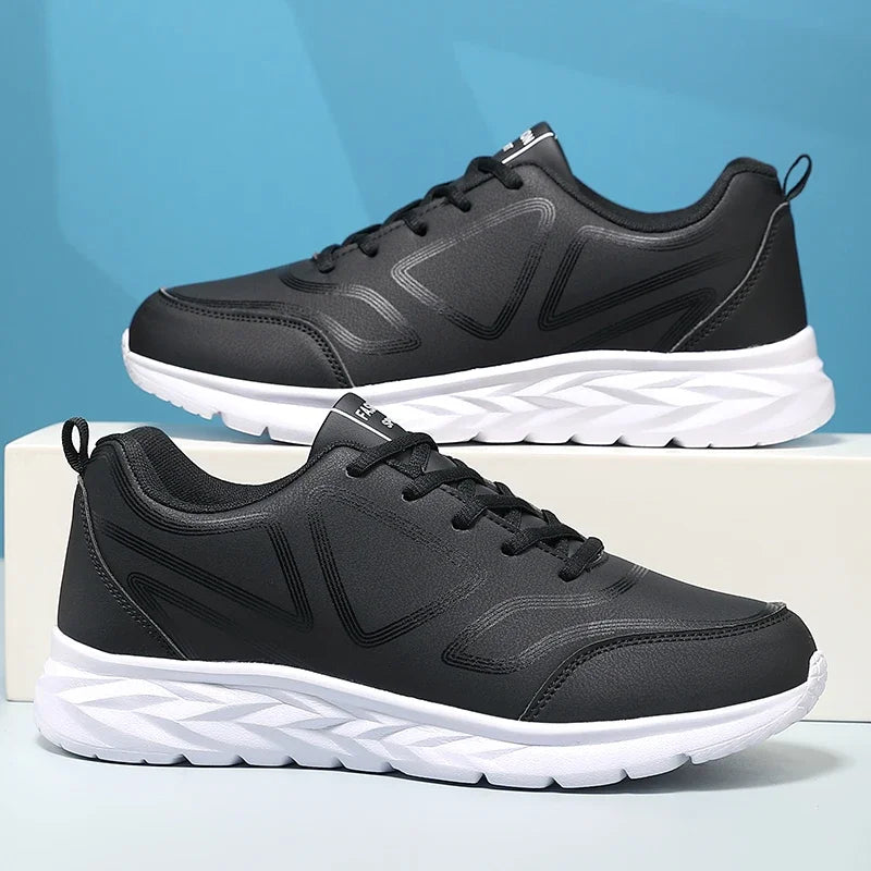 YRZL-Zapatillas deportivas impermeables de cuero para hombre, zapatos deportivos cómodos para caminar, resistentes al desgaste, color negro