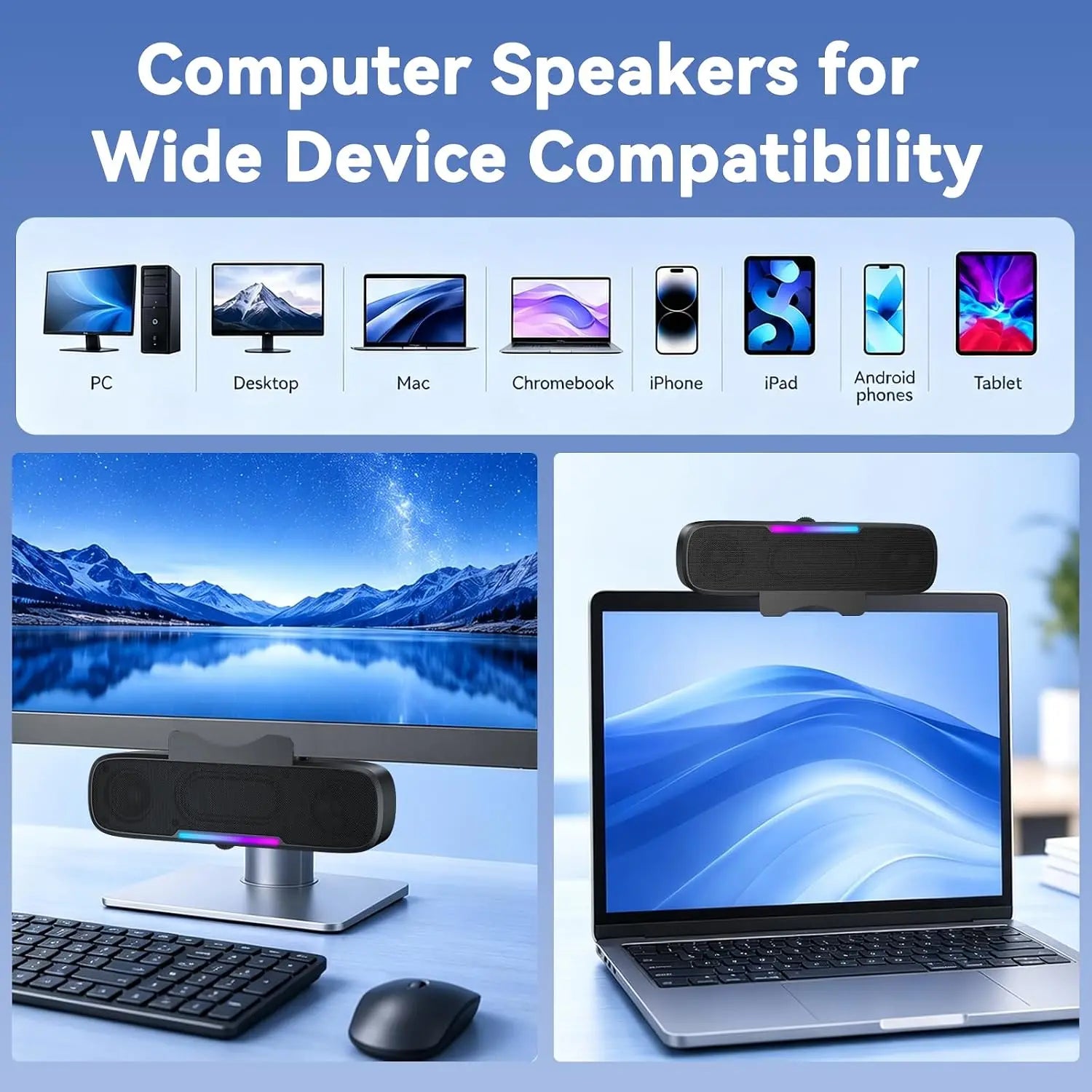 Barra de Sonido USB y Bluetooth para PC, Alimentada por USB con Altavoz y Bluetooth para Conexión a Teléfonos Inteligentes, Se Fija a Monitores