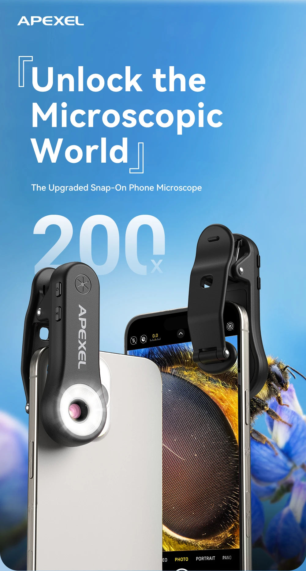 Lente de Microscopio 200X APEXEL con Luz LED para Smartphones
