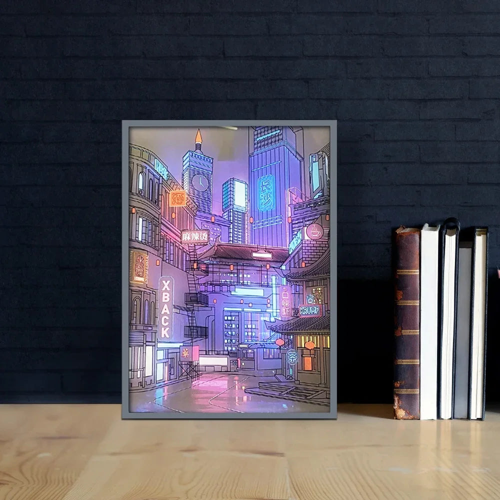 Pintura de luz LED con vista nocturna de ciudad hermosa, imagen HD, bisel estrecho, enchufe USB, atenuación, decoraciones románticas para el hogar, lámpara de noche