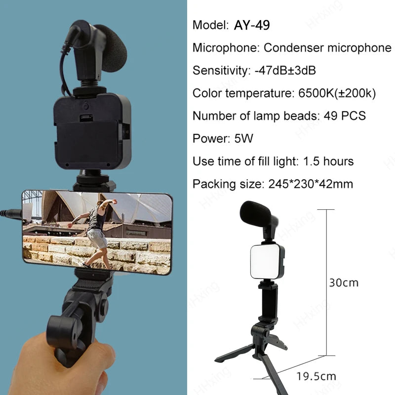 Soporte para teléfono móvil, iluminación de fotografía, Kit de vídeo para Smartphone, micrófono LED, trípode para Selfie, mango de grabación, soporte estabilizador portátil