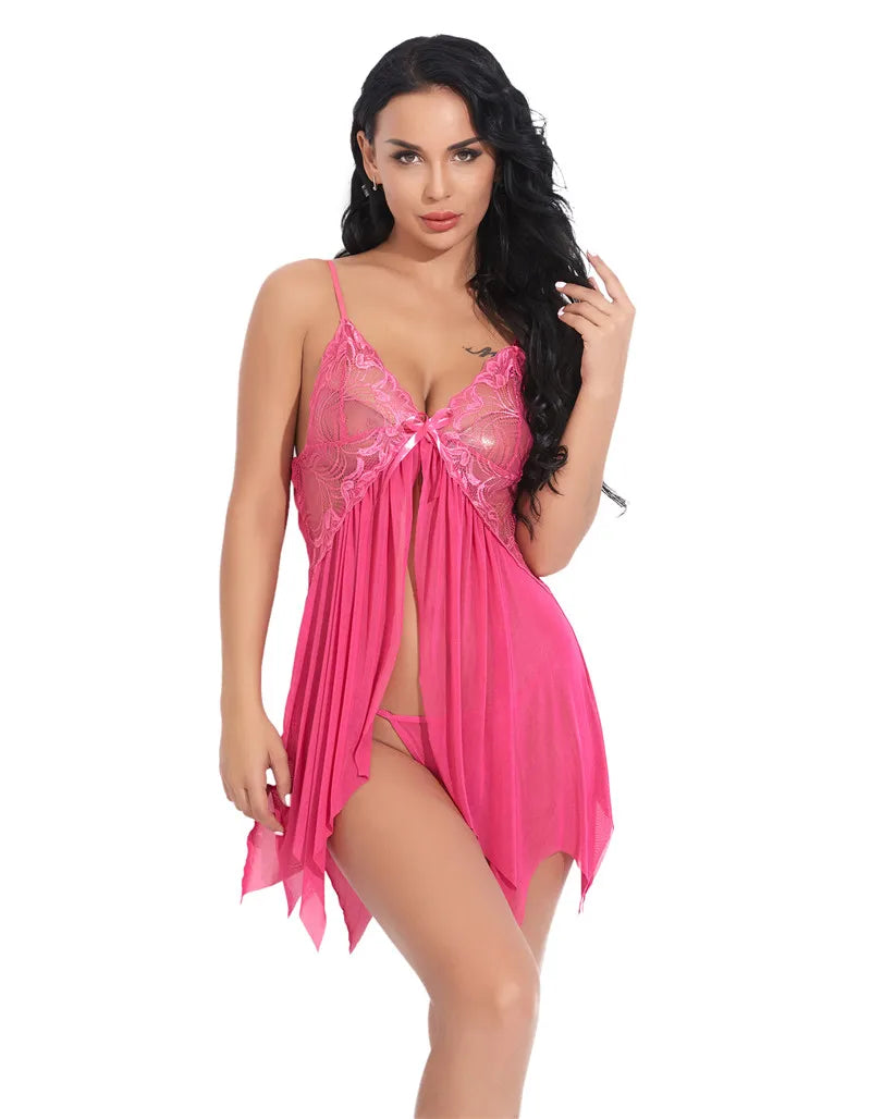 Camisón de Encaje Sexy para Mujer, Lencería Transparente con Bragas