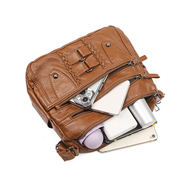 Bolso bandolera retro con múltiples bolsillos, bandolera de piel sintética suave, bolso de mujer, con correa ajustable para el hombro