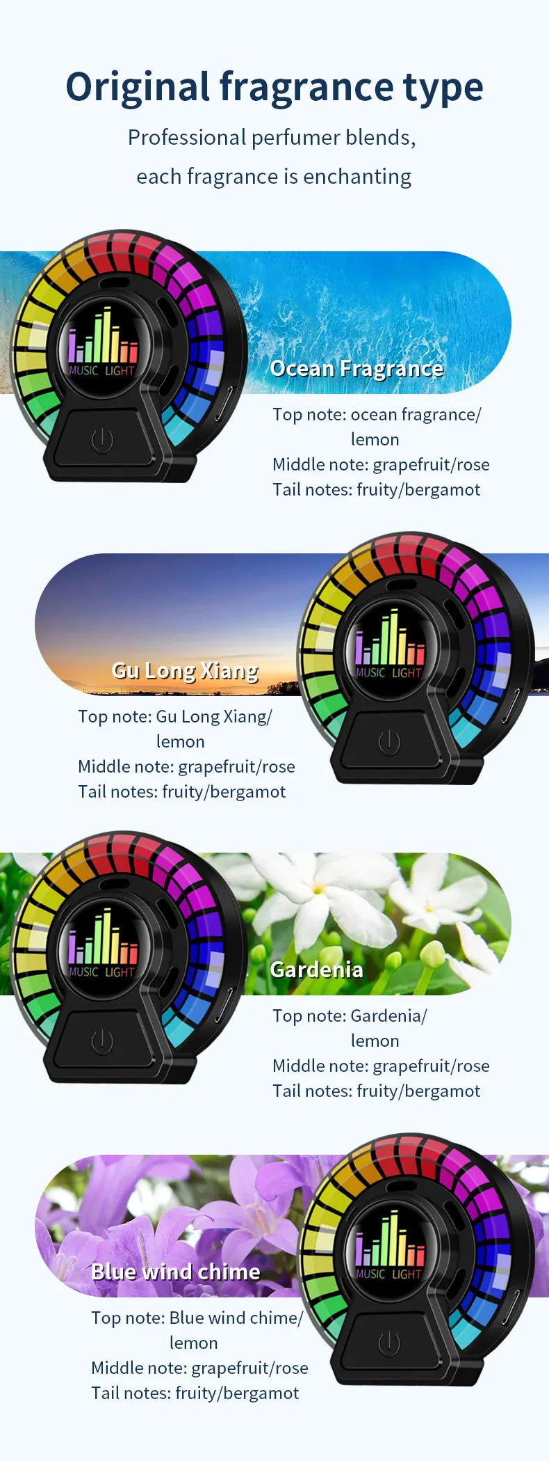 Ambientador de salida de aire para coche, aromaterapia rgb, lámpara de captación de sonido, lámpara LED de respiración, fragancia Floral de océano largo, aromaterapia sólida