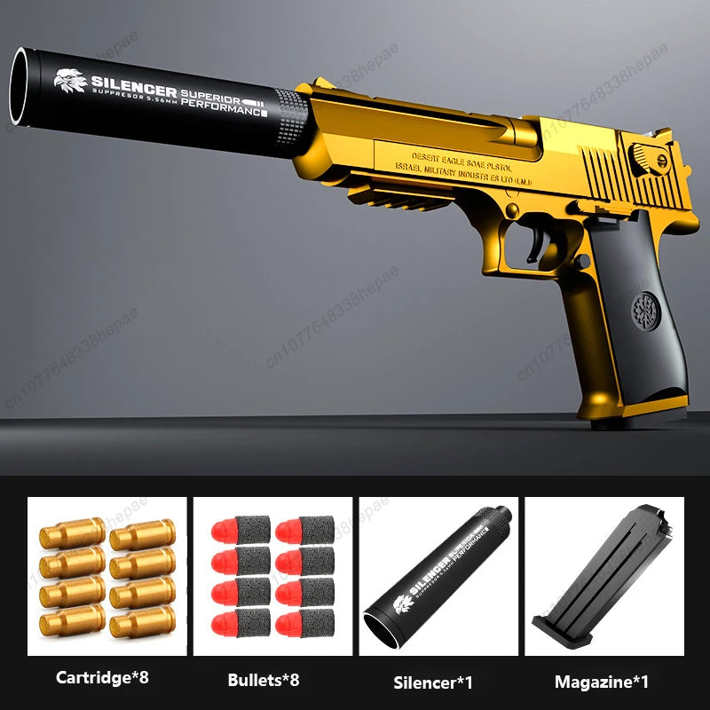 Pistola de juguete M1911 con balas de espuma, expulsión de casquillos, lanzador de dardos de espuma, arma de airsoft manual con silenciador para niños y adultos