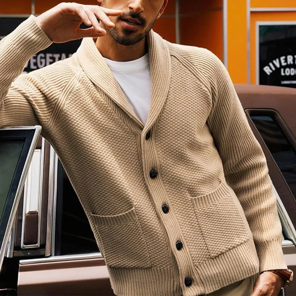 2025 Jersey nuevo de punto para hombre, cárdigan de manga larga con cuello abotonado y bolsillo, suéter informal de invierno para hombre