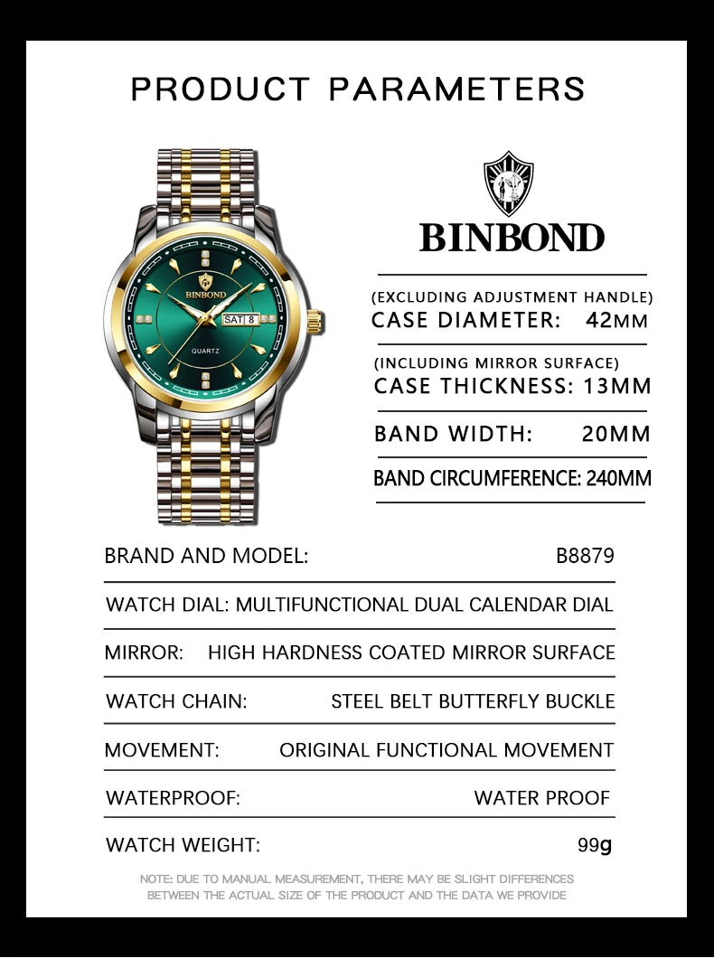 Reloj de Cuarzo BINBOND para Hombre de Negocios, Luminoso, Resistente al Agua