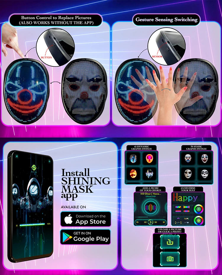 Máscara LED con control de aplicación Bluetooth Cara programable que transforma la máscara LED de Halloween iluminada
