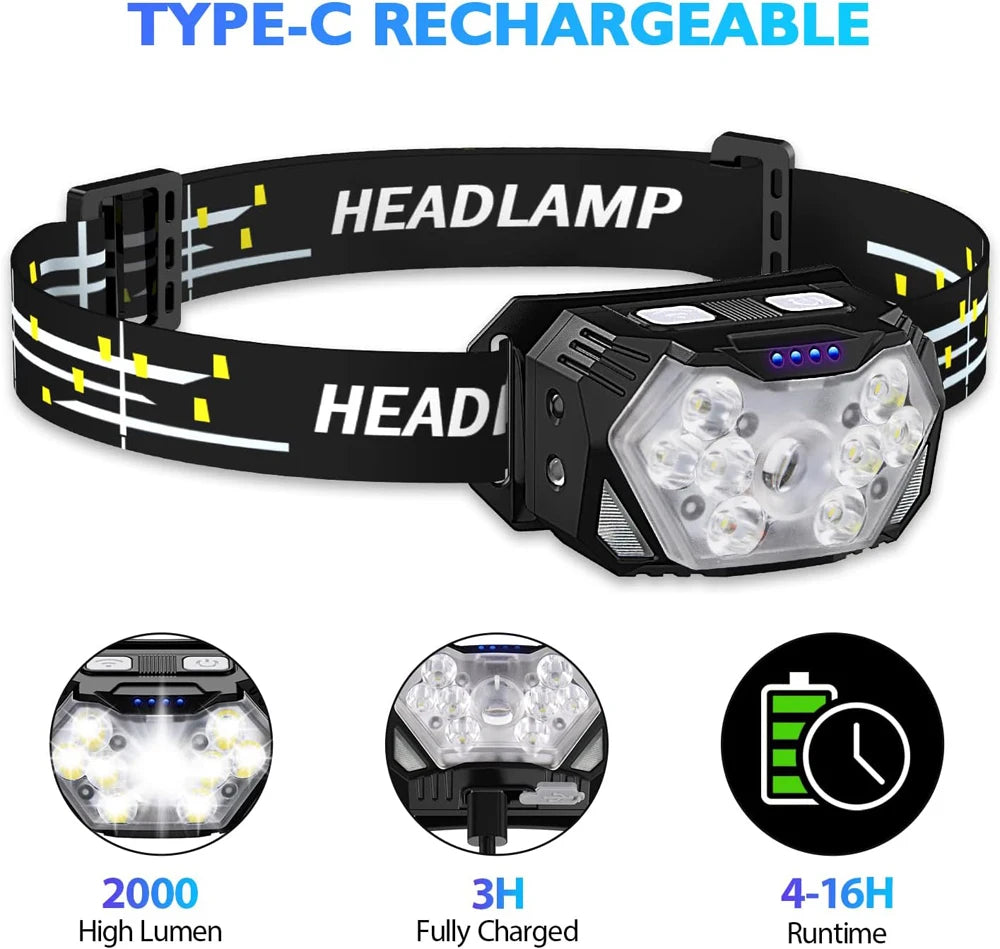Linterna frontal 9 LED recargable USB con sensor movimiento
