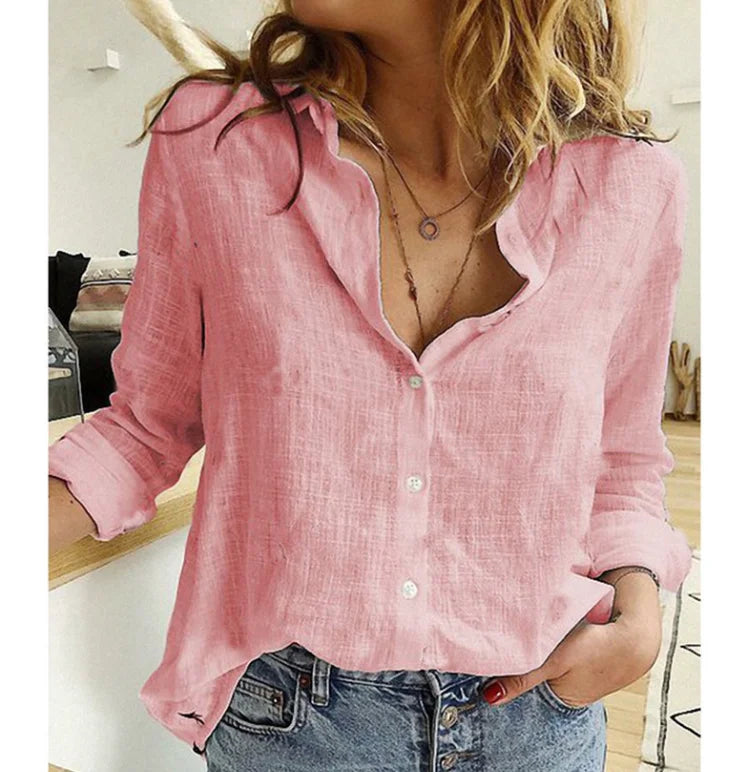 Camisa Holgada de Algodón y Lino para Mujer con Solapa