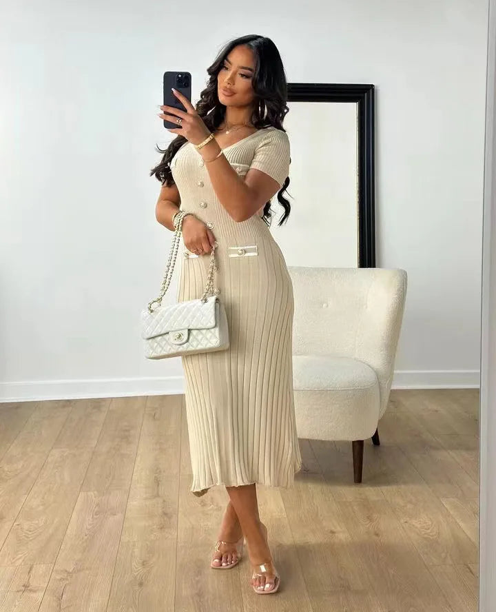 Vestido largo de punto con cuello en V para mujer, suéter elegante de un solo pecho, ropa de calle ceñida al cuerpo, moda de verano, 2024