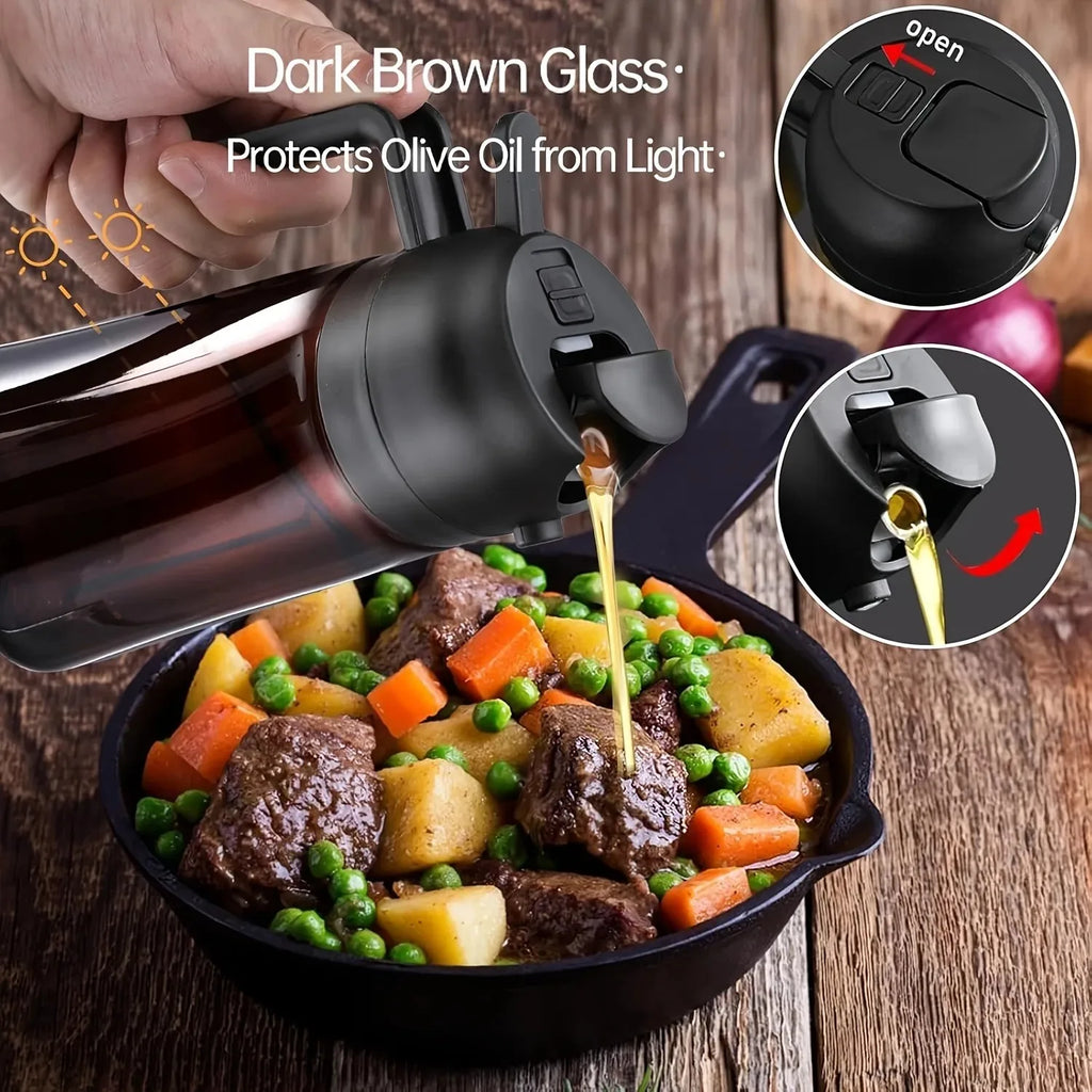 Pulverizador de aceite marrón con bloqueo de luz 2 en 1 de 470ml para cocinar botella dispensadora de aceite de oliva para herramientas de condimentos de botella de aceite de cocina