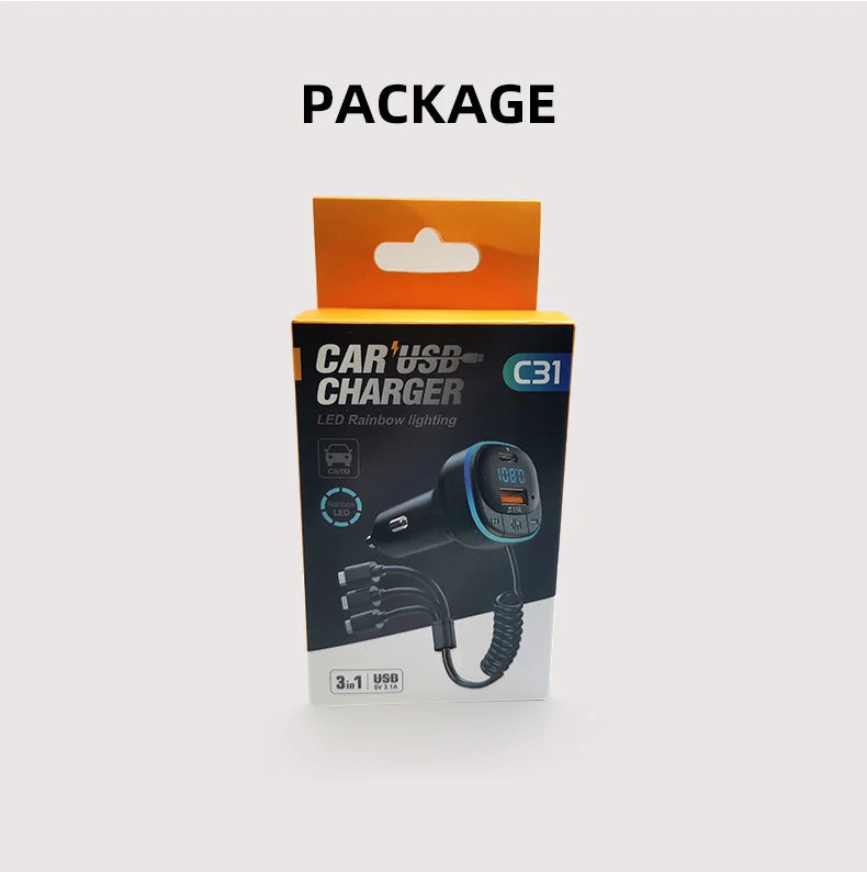 Transmisor FM Bluetooth para Auto con Cargador Dual y Cable 3 en 1