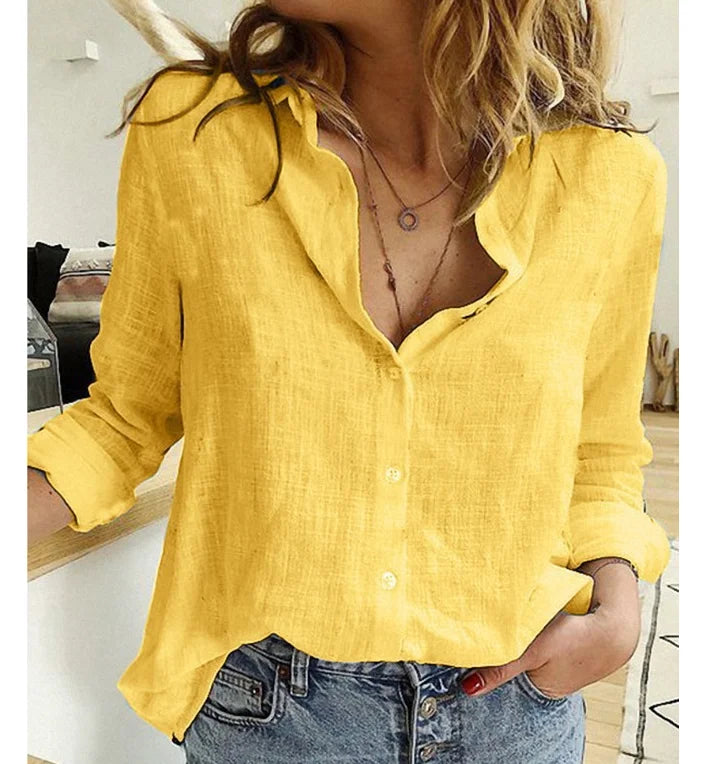 Camisa Holgada de Algodón y Lino para Mujer con Solapa