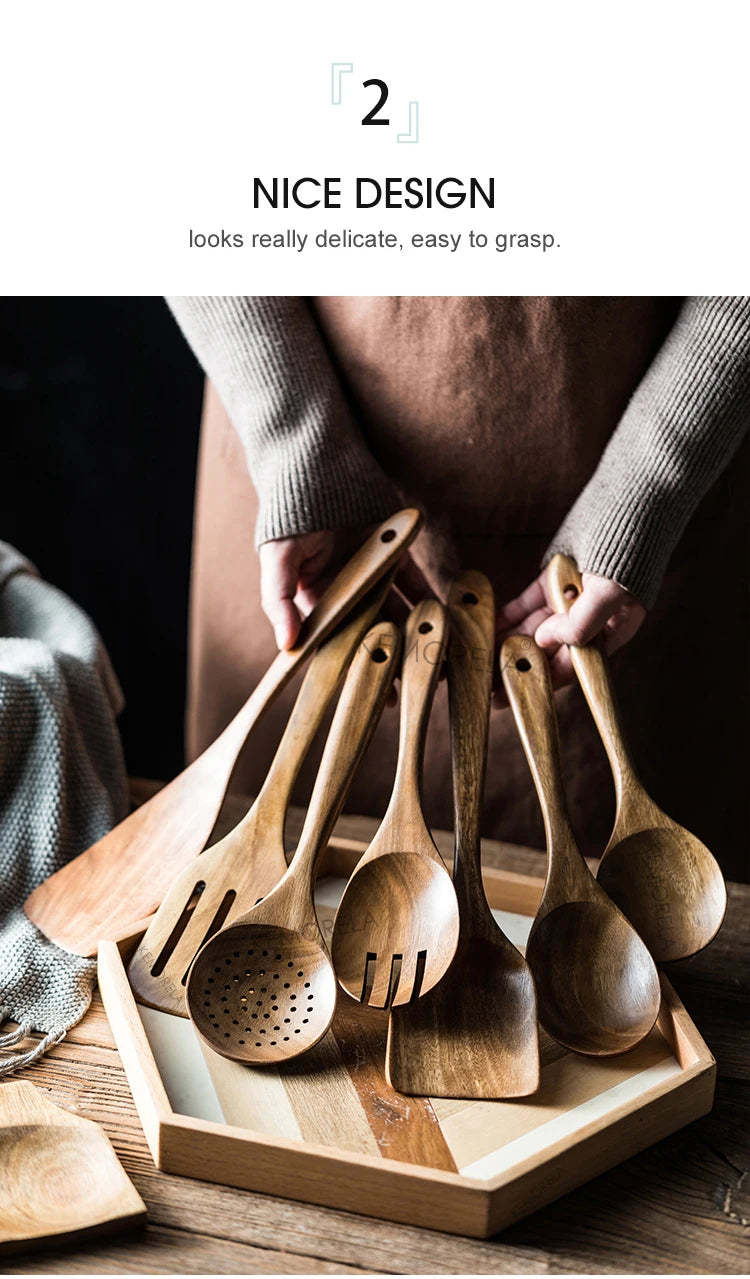 9 cucharas de madera para cocinar, utensilios de madera para cocinar con soporte para utensilios, juego de utensilios de cocina de madera de teca