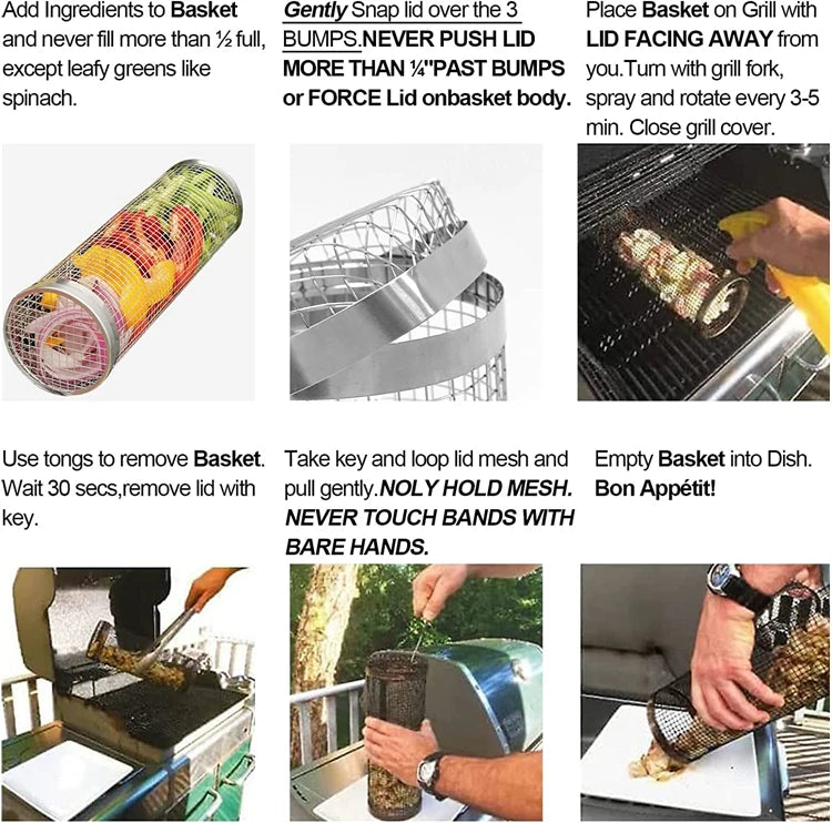 Tubo de red para barbacoa, cesta rodante portátil para asar, cesta cilíndrica de malla de alambre de acero inoxidable para barbacoa al aire libre, Camping JT462