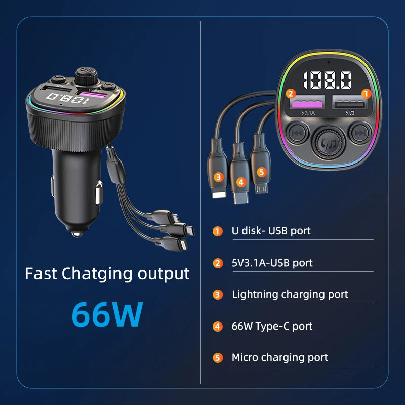 Transmisor FM Bluetooth 5.0 para Auto con Carga Rápida 66W