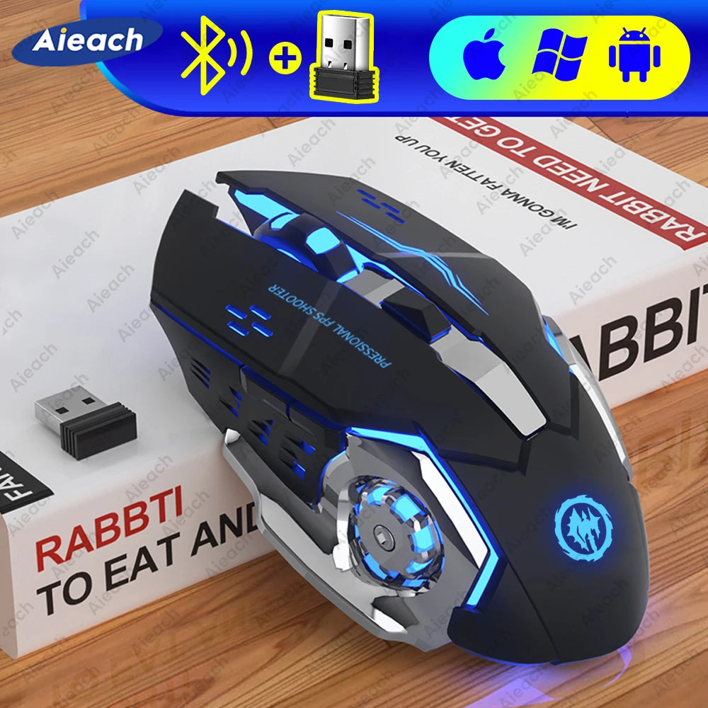 Ratón inalámbrico recargable para videojuegos, Mouse silencioso con Bluetooth, USB, mecánico, retroiluminación para deportes electrónicos, PC, Gamer