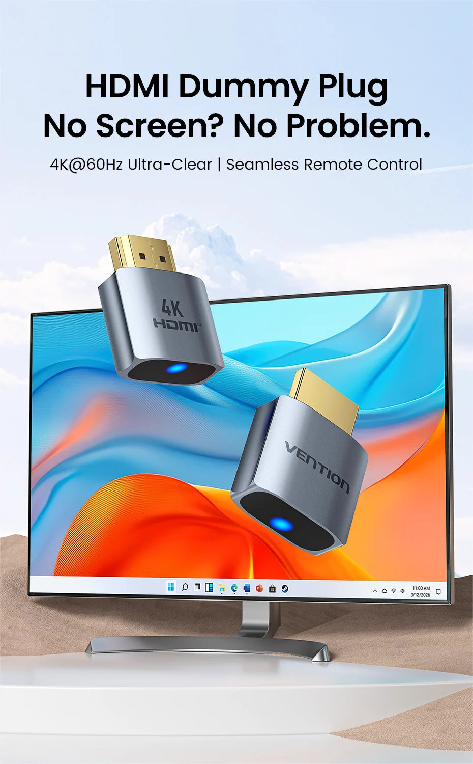 Vention Emulador de Pantalla Virtual HDMI 4K60Hz, Conector Ficticio sin Cabeza para Minero y Videojuegos, Pantalla Fantasma para Bloqueo de Pantalla AFK