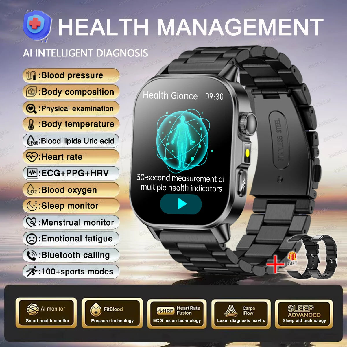 Reloj Inteligente con Diagnóstico ECG, Oxígeno en Sangre y Pantalla AMOLED