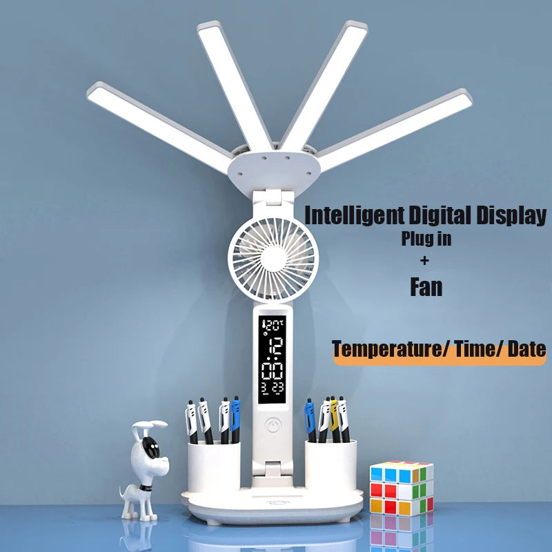 Lámpara LED Escritorio 3 en 1 con Ventilador y Reloj