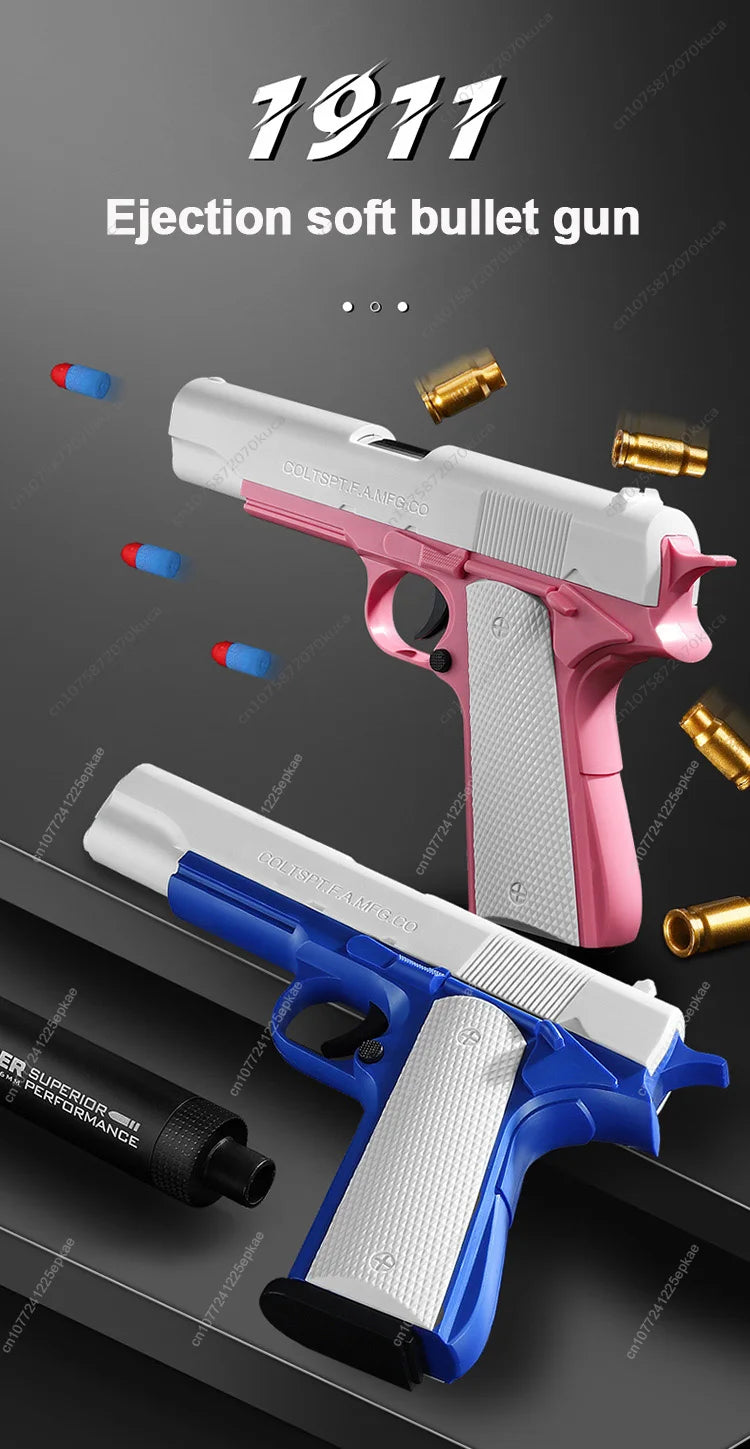 Pistola de juguete M1911 con balas de espuma, expulsión de casquillos, lanzador de dardos de espuma, arma de airsoft manual con silenciador para niños y adultos