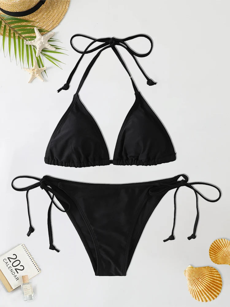 2 unid/set 2024 traje de baño Sexy de moda para mujer, conjunto de Bikinis, traje de baño triangular, ropa de playa con cordón, trajes de baño de una pieza, bikini brasileño