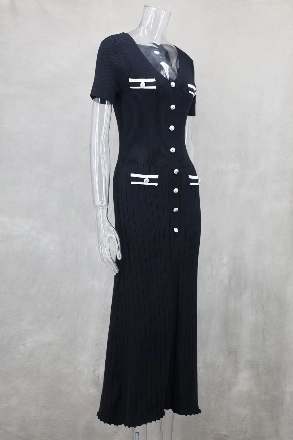 Vestido largo de punto con cuello en V para mujer, suéter elegante de un solo pecho, ropa de calle ceñida al cuerpo, moda de verano, 2024