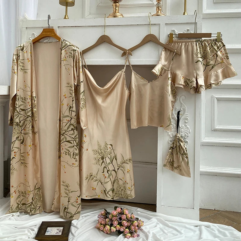Pijama de Satén 4 Piezas para Mujer | Bata, Camisón y Conjunto
