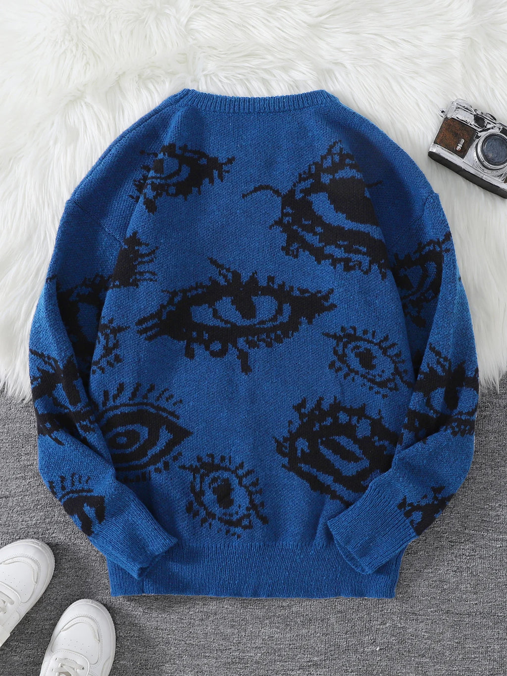 Nuevo Jersey Popular de otoño e invierno con diseño de Jacquard de ojos abstractos, suéter informal de punto con cuello redondo para hombre