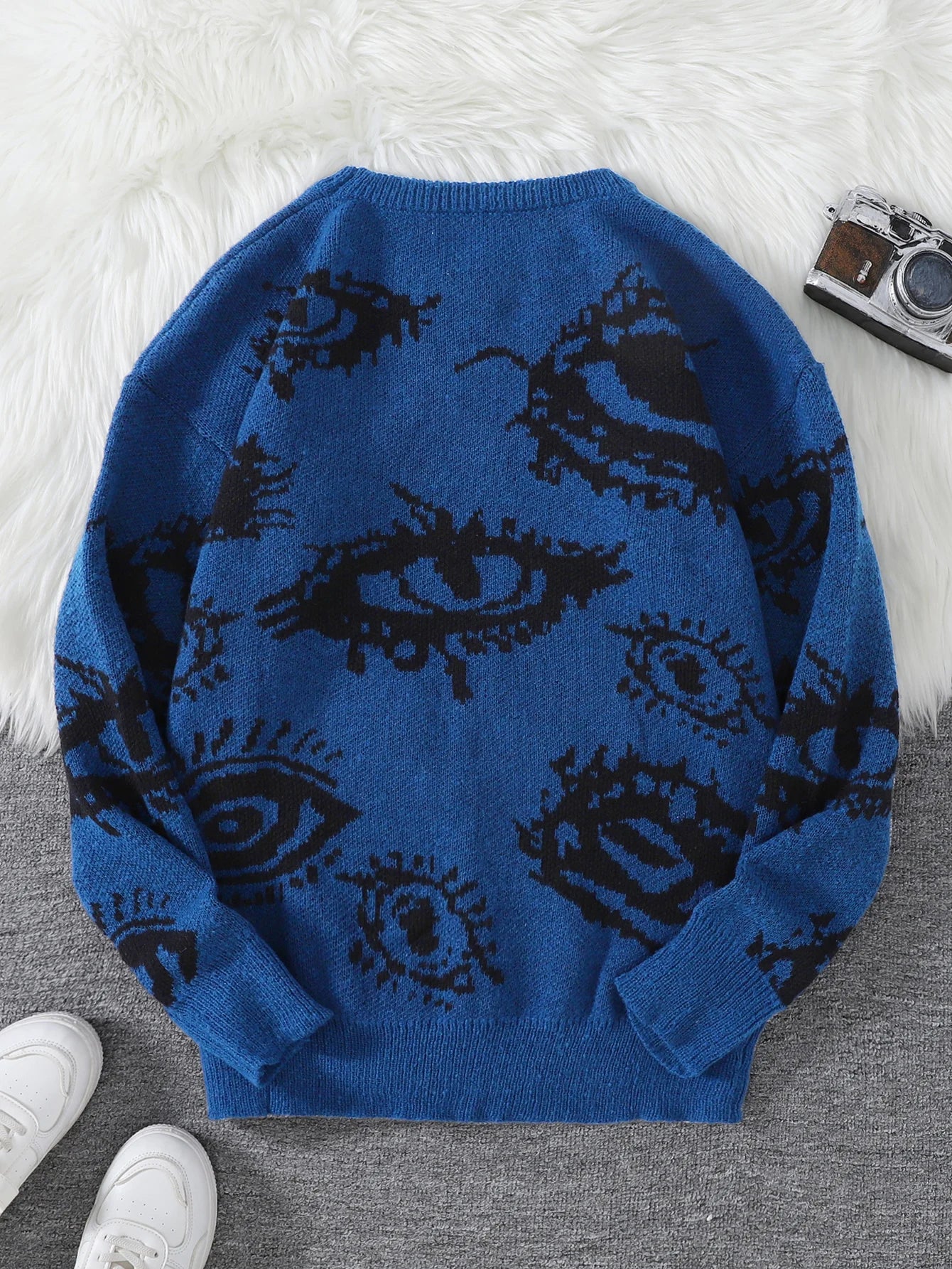 Nuevo Jersey Popular de otoño e invierno con diseño de Jacquard de ojos abstractos, suéter informal de punto con cuello redondo para hombre