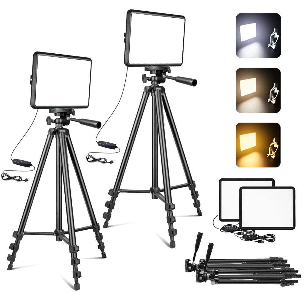 XRDKJ Paquete de 2 luces LED para videojuegos, luz de estudio, kit de iluminación de fotografía regulable 2800-6500K con trípode extensible de 57 pulgadas