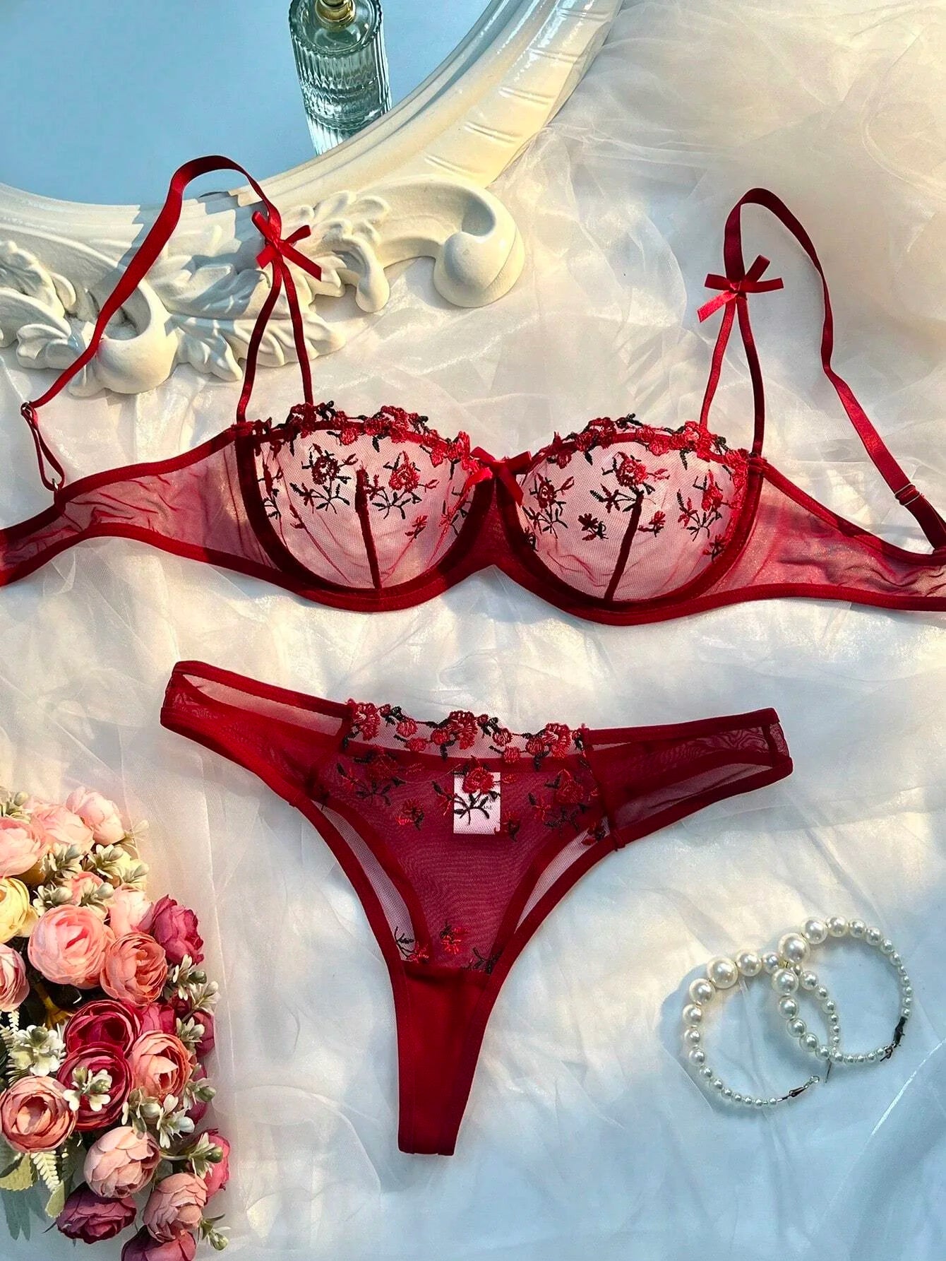 Conjunto de Sujetador y Braguitas con Bordado Floral para Mujer