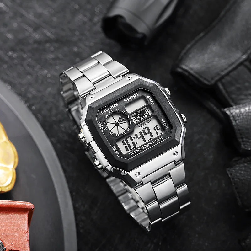 Reloj Digital YIKAZE para hombre, correa de acero inoxidable, relojes deportivos con cuenta atrás, reloj de pulsera electrónico Led resistente al agua para regalo de hombre