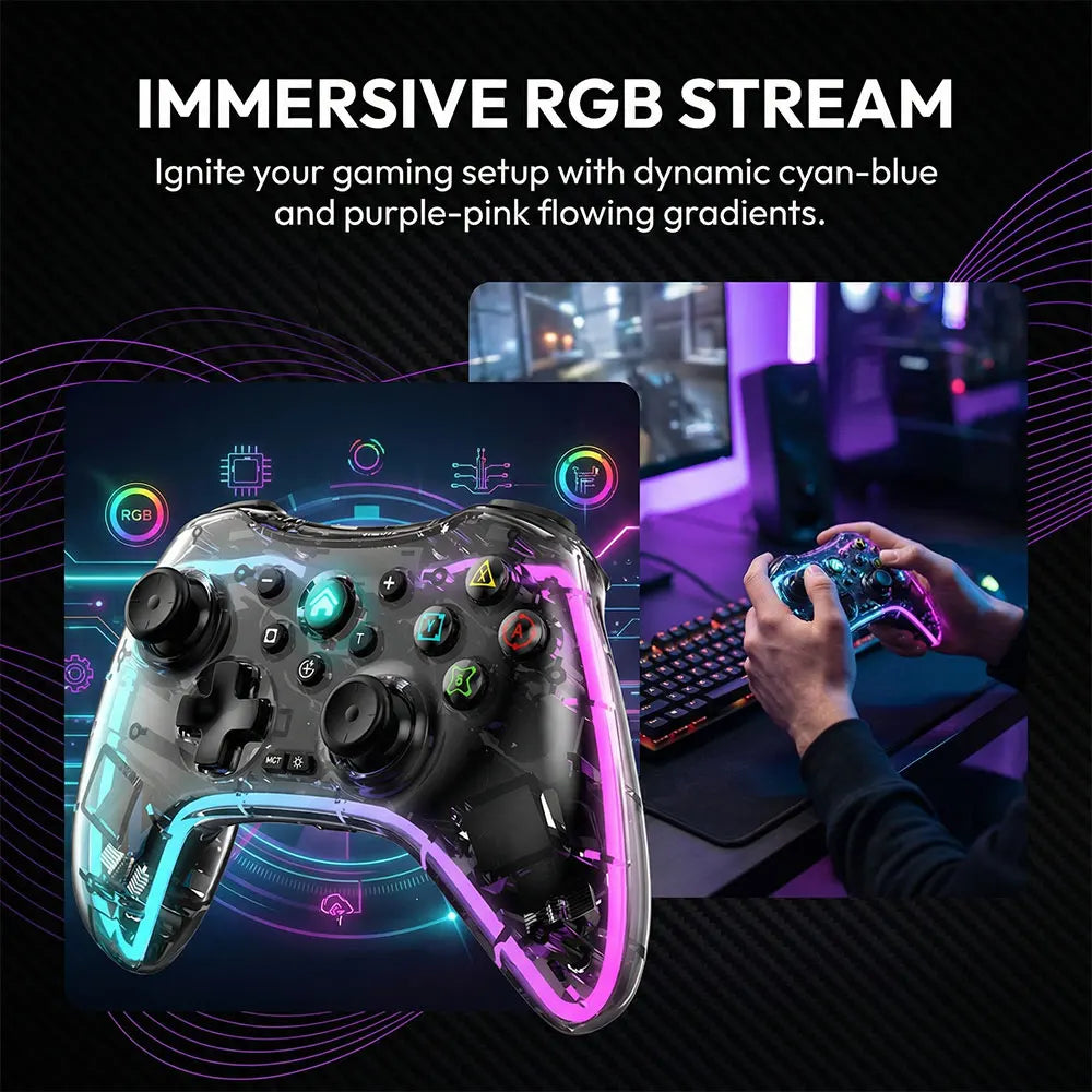 Controlador de juegos inalámbrico, controlador de juegos Bluetooth ergonómico con efecto de luz RGB para Switch, PS3, PS4, iPhone, teléfono Android, PC