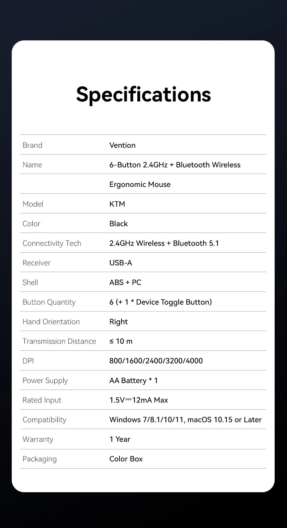 Vention-ratón inalámbrico Bluetooth 5,1, USB 2,4G, modo Dual, ergonómico, 4000 DPI, silencioso, 6 botones, para MacBook, tableta, portátil, PC