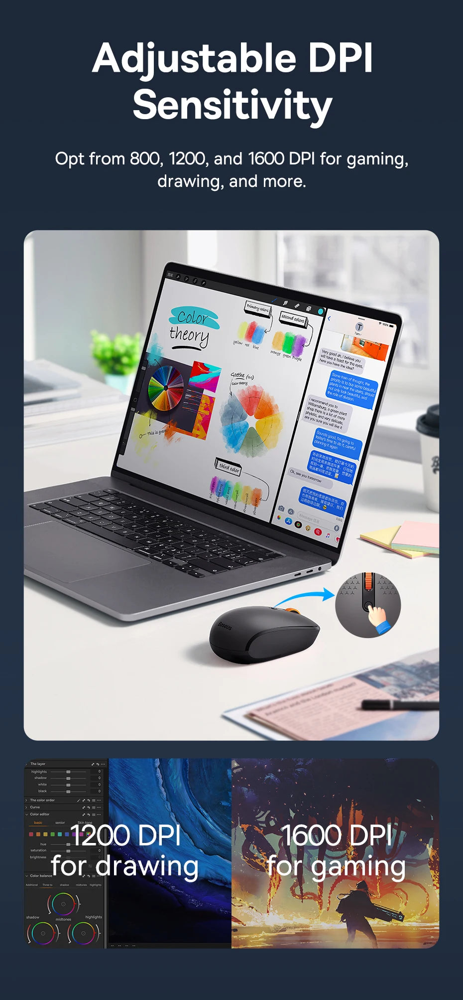 Ratón Baseus inalámbrico Bluetooth para ordenador, ratón silencioso de 1600DPI con receptor Nano USB de 2,4 GHz para PC, MacBook, tableta, portátil