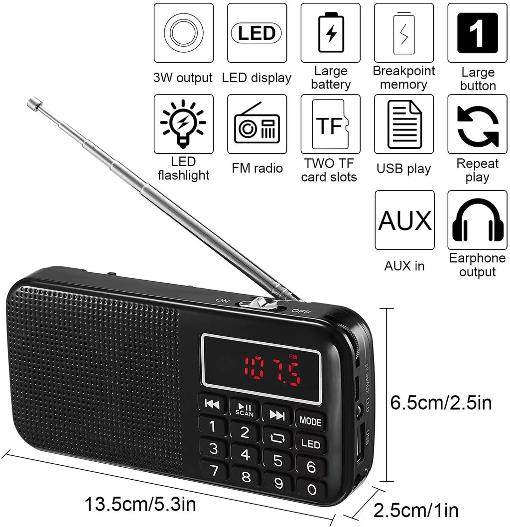 Radio FM Portátil Digital MP3 con Altavoz y Reproductor USB SD TF