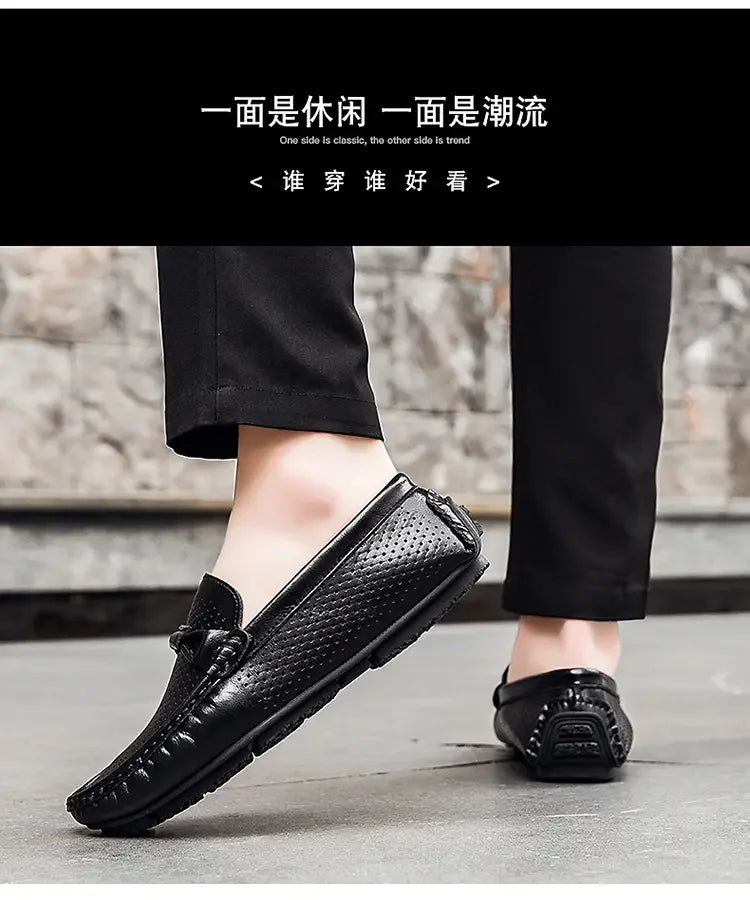 Mocasines de cuero genuino sin cordones para hombre, elaborados a mano