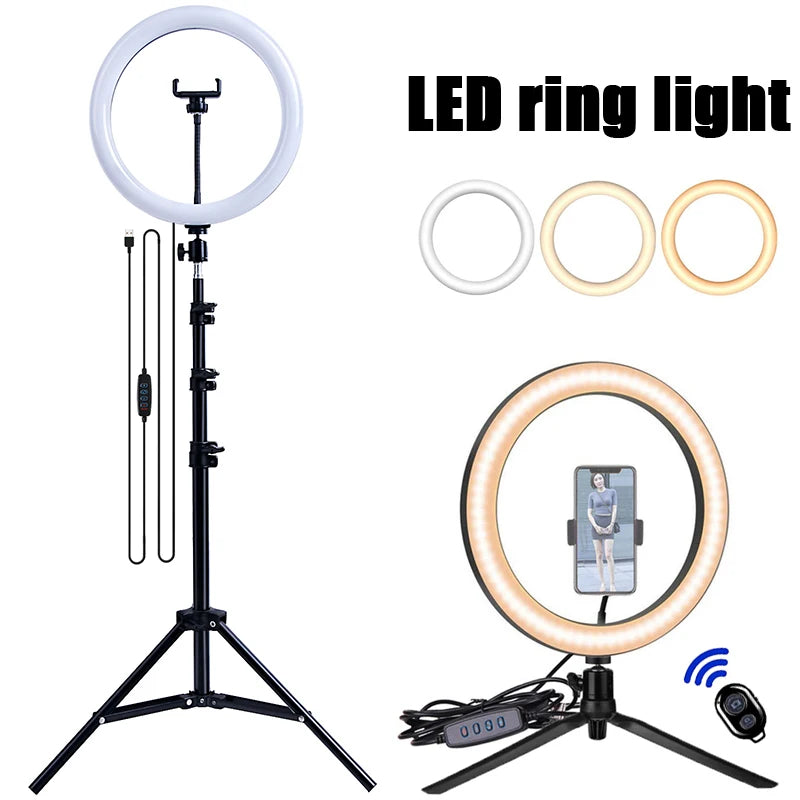 Anillo de luz LED para Selfie de 33cm, luces de fotografía, lámpara fría cálida con trípode, luz de anillo USB regulable para vídeo Tiktok, lámpara de relleno en vivo