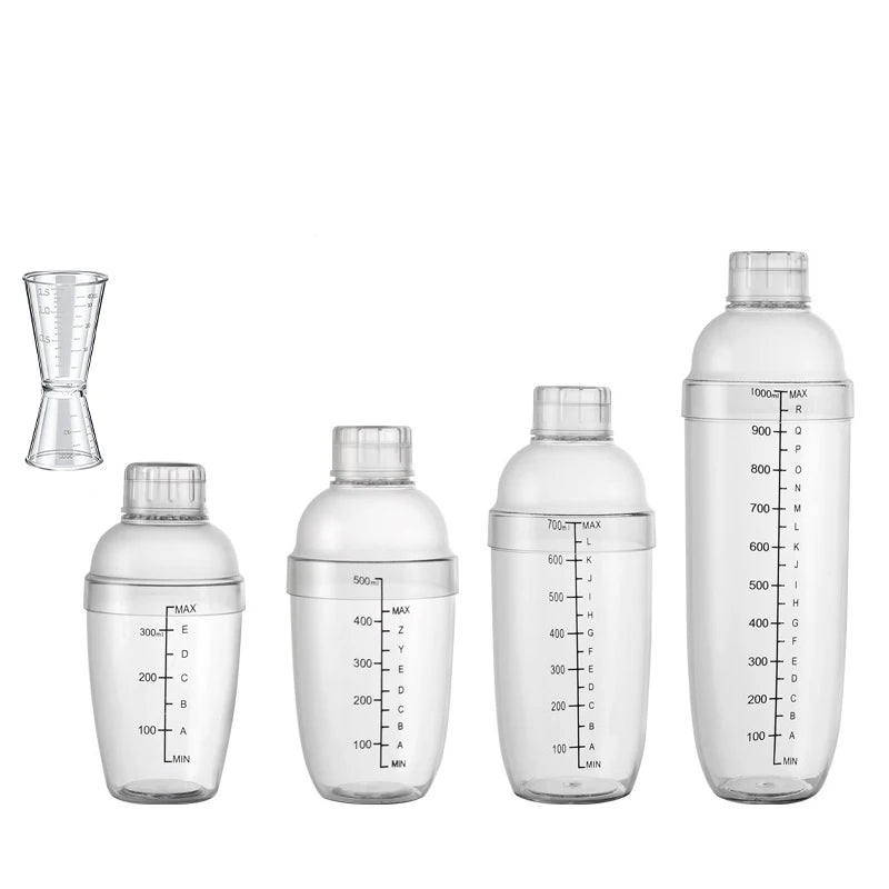 LMETJMA-Juego de coctelera de plástico, mezclador de bebidas con marcador, coctelera transparente y Jigger de medición, taza de onza JT25