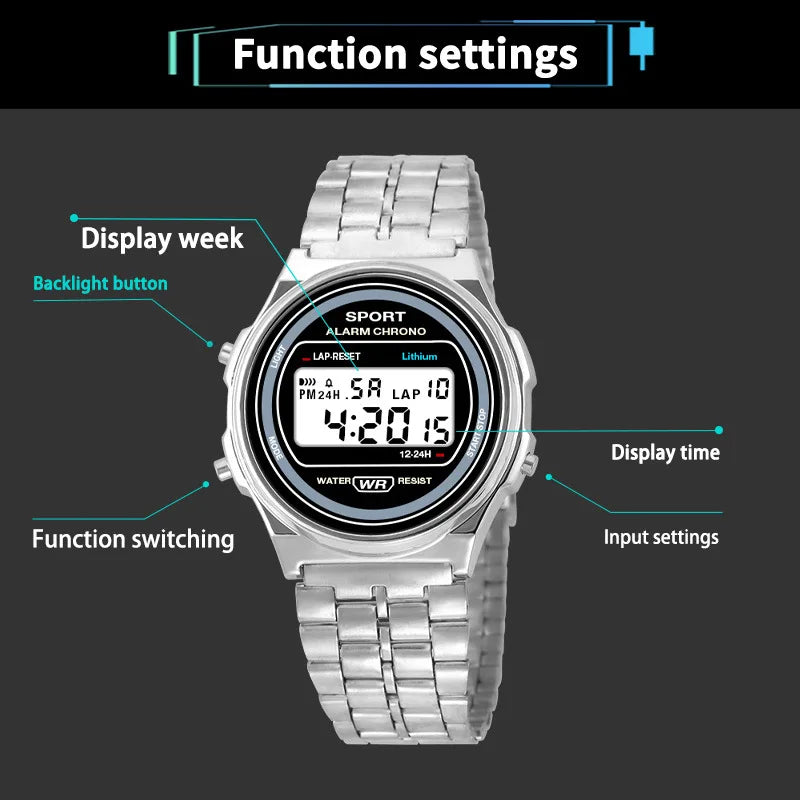Reloj electrónico LED informal para mujer, correa Retro de acero inoxidable, reloj Digital LED para mujer, reloj de pulsera deportivo multifunción