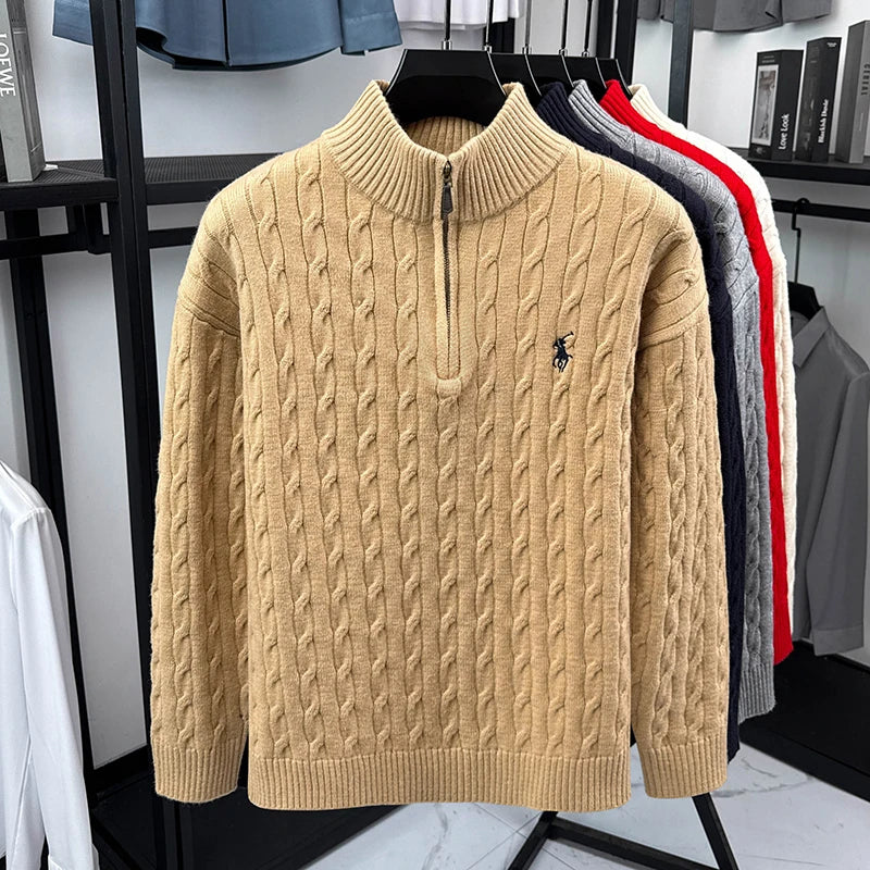 Suéter Vintage para Hombre con Cuello Alto, Bordado y Cremallera