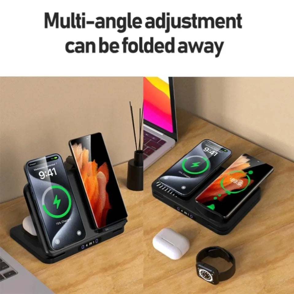 Soporte de Carga Inalámbrico Plegable 4 en 1 para Magsafe iPhone 17 Samsung S26 Galaxy Watch 8 7 6 5 Active 1 2 Buds Pro Carga Rápida