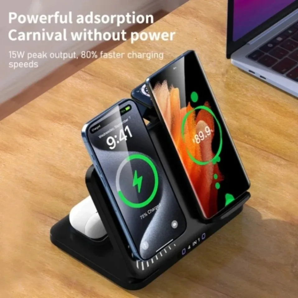 Cargador Inalámbrico 4 en 1 para Dos Teléfonos, Compatible con iPhone 17~12, Samsung S25, Xiaomi, Airpods Pro, Apple Watch 11~2, Carga Rápida Magnética
