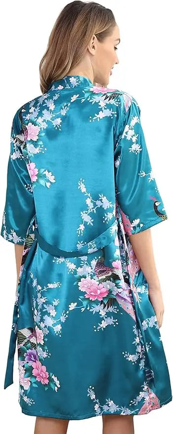 Conjunto de camisón y kimono de satén floral para mujer con camisola, ropa de dormir de 2 piezas, albornoz de pavo real