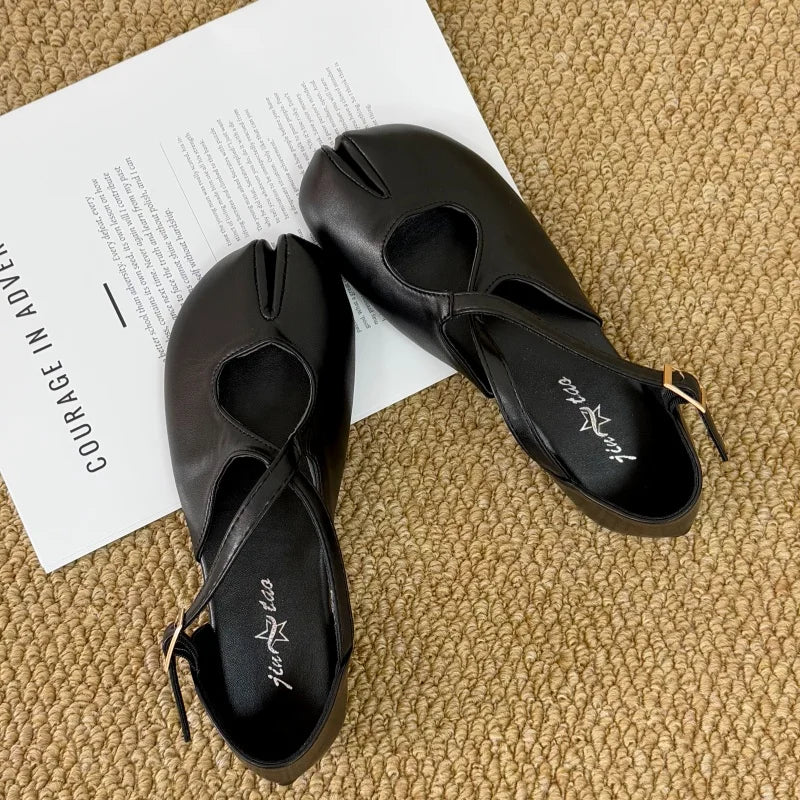 Zapatos Planos de Mujer con Punta Dividida, Estilo Mary Jane, Minimalistas, con Tira Cruzada, de Cuero PU Liso, Zapatos de Ballet, Estilo Francés Chic, Casuales, para Caminar