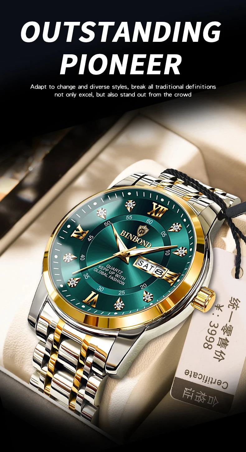 Reloj de pulsera deportivo BINBOND para hombre, cuarzo, resistente al agua