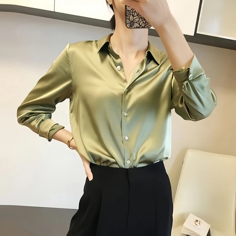 Camisa Satinada de Manga Larga para Mujer, Estilo Elegante